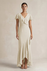 Rufffled V - Neck Sheath Chiffon Bridesmaid Dress in Dove Gray - KissProm Bridesmaid Dresses