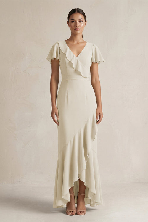 Rufffled V - Neck Sheath Chiffon Bridesmaid Dress in Dove Gray - KissProm Bridesmaid Dresses