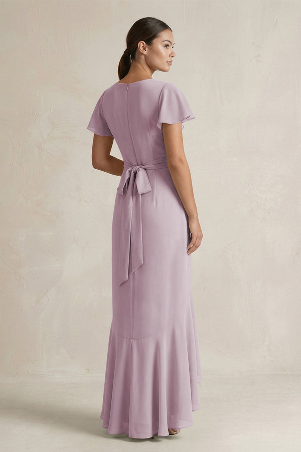 Rufffled V - Neck Sheath Chiffon Bridesmaid Dress in Dusk - KissProm Bridesmaid Dresses