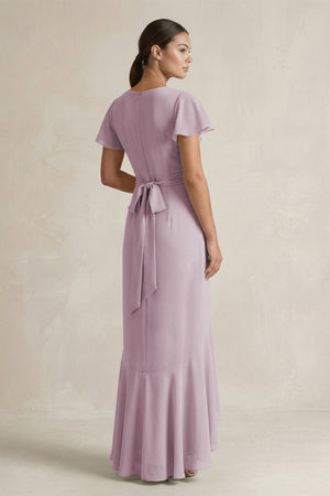 Rufffled V - Neck Sheath Chiffon Bridesmaid Dress in Dusk - KissProm Bridesmaid Dresses