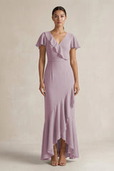 Rufffled V - Neck Sheath Chiffon Bridesmaid Dress in Dusk - KissProm Bridesmaid Dresses
