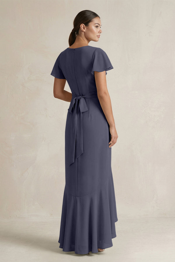 Rufffled V - Neck Sheath Chiffon Bridesmaid Dress in Dusk Blue - KissProm Bridesmaid Dresses