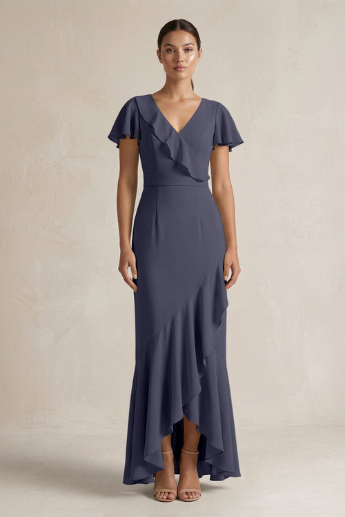 Rufffled V - Neck Sheath Chiffon Bridesmaid Dress in Dusk Blue - KissProm Bridesmaid Dresses