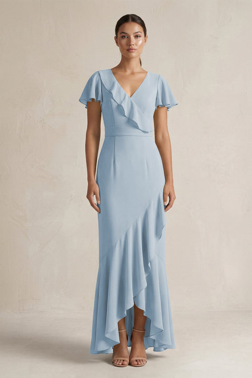 Rufffled V - Neck Sheath Chiffon Bridesmaid Dress in Dusty Blue - KissProm Bridesmaid Dresses