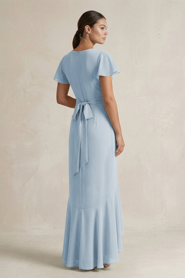 Rufffled V - Neck Sheath Chiffon Bridesmaid Dress in Dusty Blue - KissProm Bridesmaid Dresses