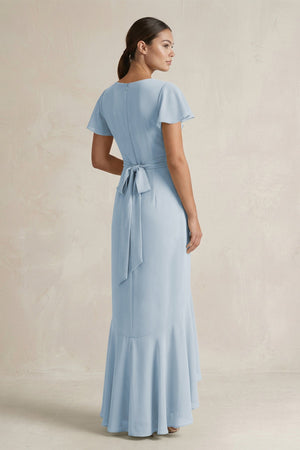 Rufffled V - Neck Sheath Chiffon Bridesmaid Dress in Dusty Blue - KissProm Bridesmaid Dresses