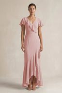 Rufffled V - Neck Sheath Chiffon Bridesmaid Dress in Dusty Rose - KissProm Bridesmaid Dresses