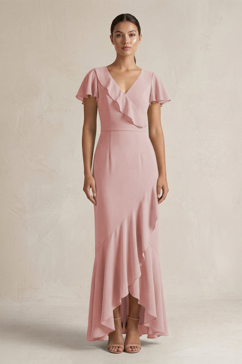 Rufffled V - Neck Sheath Chiffon Bridesmaid Dress in Dusty Rose - KissProm Bridesmaid Dresses