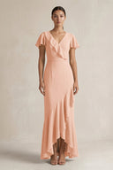 Rufffled V - Neck Sheath Chiffon Bridesmaid Dress in English Rose - KissProm Bridesmaid Dresses
