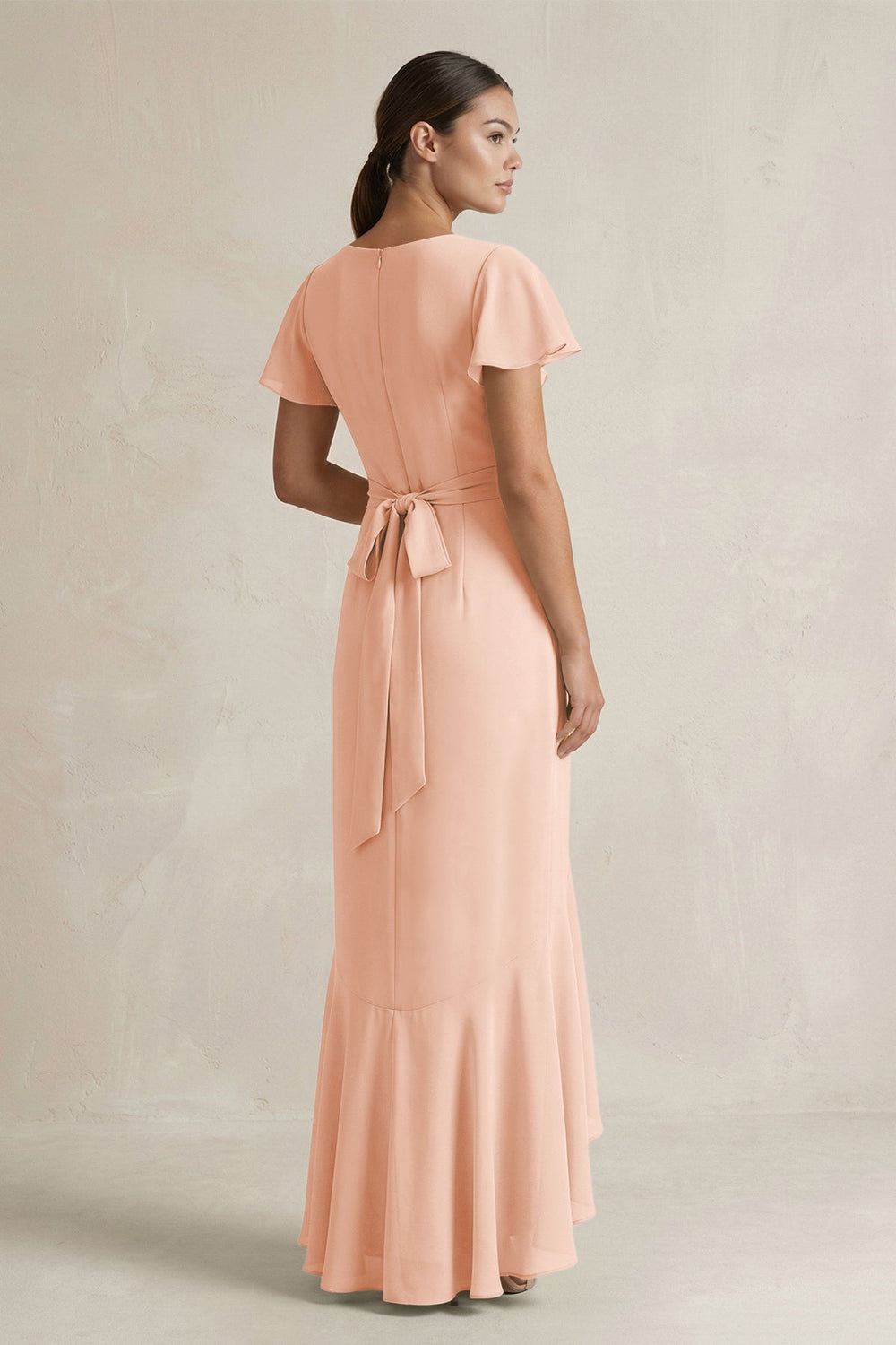 Rufffled V - Neck Sheath Chiffon Bridesmaid Dress in English Rose - KissProm Bridesmaid Dresses