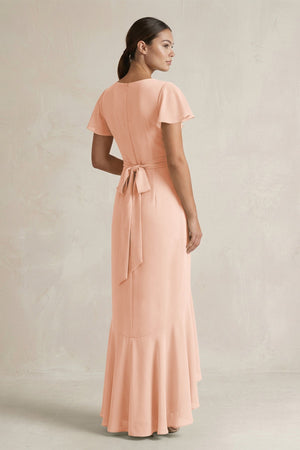 Rufffled V - Neck Sheath Chiffon Bridesmaid Dress in English Rose - KissProm Bridesmaid Dresses