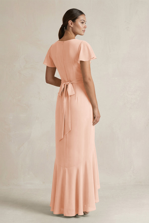 Rufffled V - Neck Sheath Chiffon Bridesmaid Dress in English Rose - KissProm Bridesmaid Dresses
