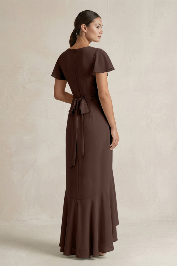 Rufffled V - Neck Sheath Chiffon Bridesmaid Dress in Espresso - KissProm Bridesmaid Dresses