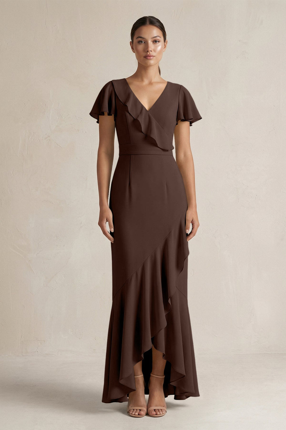 Rufffled V - Neck Sheath Chiffon Bridesmaid Dress in Espresso - KissProm Bridesmaid Dresses