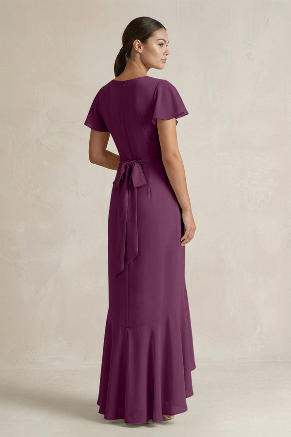 Rufffled V - Neck Sheath Chiffon Bridesmaid Dress in Fig - KissProm Bridesmaid Dresses