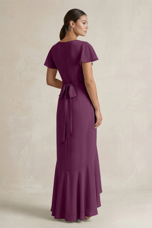 Rufffled V - Neck Sheath Chiffon Bridesmaid Dress in Fig - KissProm Bridesmaid Dresses