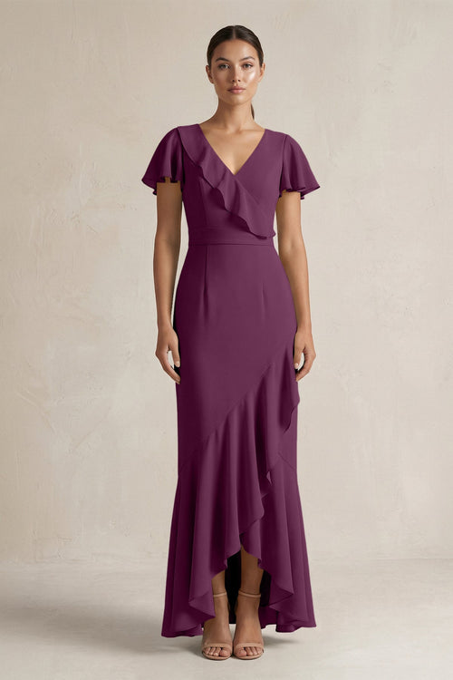 Rufffled V - Neck Sheath Chiffon Bridesmaid Dress in Fig - KissProm Bridesmaid Dresses