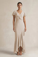Rufffled V - Neck Sheath Chiffon Bridesmaid Dress in Frost - KissProm Bridesmaid Dresses