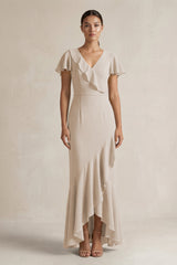 Rufffled V - Neck Sheath Chiffon Bridesmaid Dress in Frost - KissProm Bridesmaid Dresses