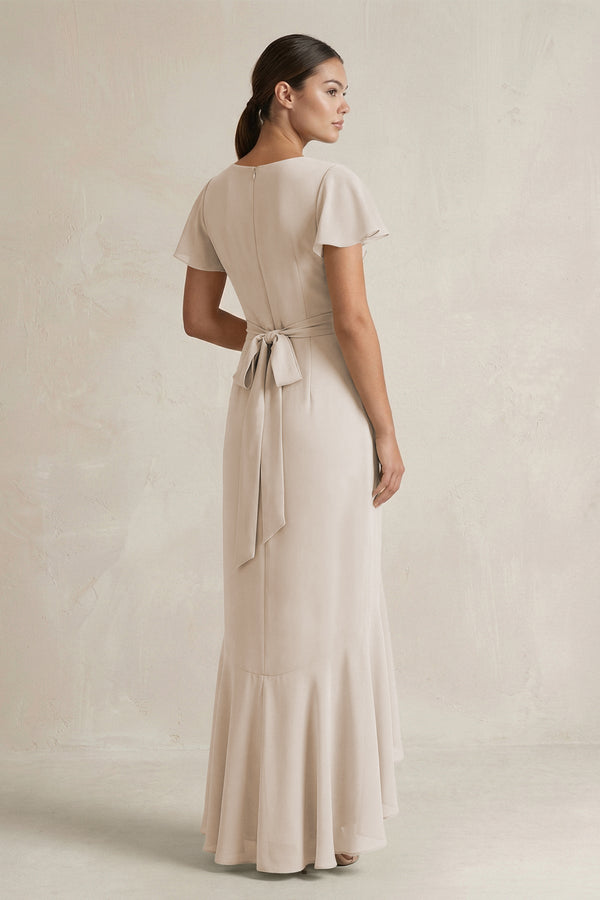 Rufffled V - Neck Sheath Chiffon Bridesmaid Dress in Frost - KissProm Bridesmaid Dresses