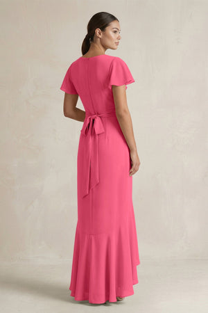 Rufffled V - Neck Sheath Chiffon Bridesmaid Dress in Fuchsia - KissProm Bridesmaid Dresses