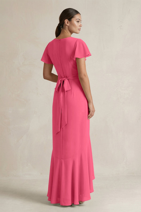 Rufffled V - Neck Sheath Chiffon Bridesmaid Dress in Fuchsia - KissProm Bridesmaid Dresses