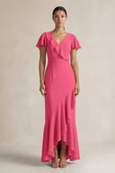 Rufffled V - Neck Sheath Chiffon Bridesmaid Dress in Fuchsia - KissProm Bridesmaid Dresses
