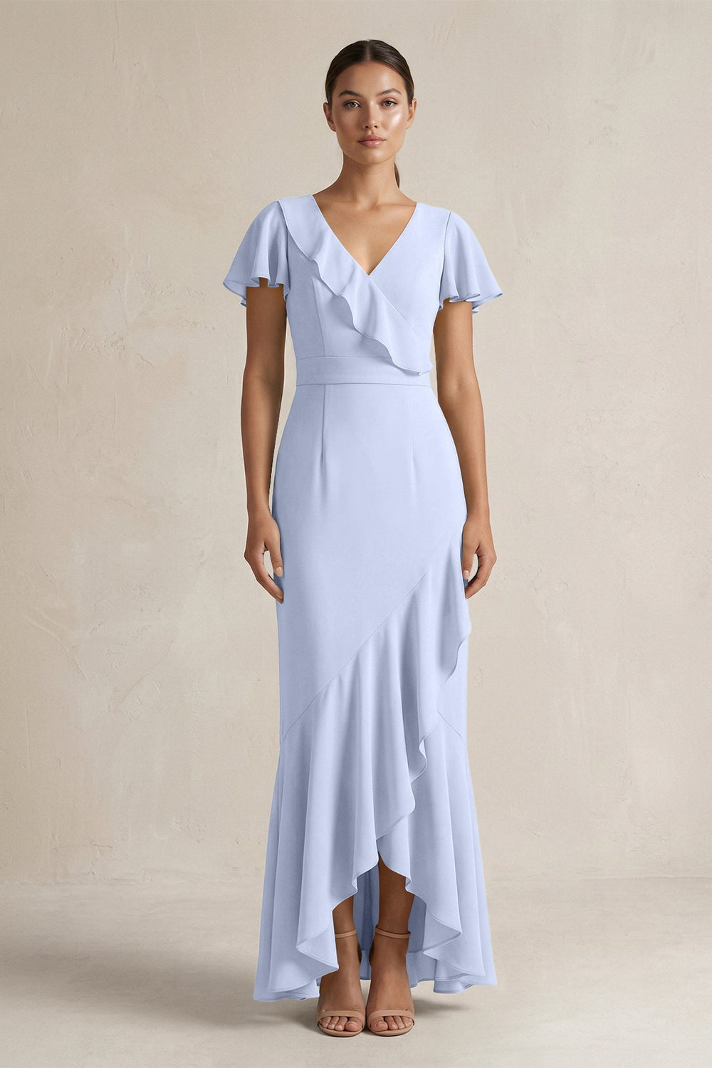 Rufffled V - Neck Sheath Chiffon Bridesmaid Dress in Ice - KissProm Bridesmaid Dresses