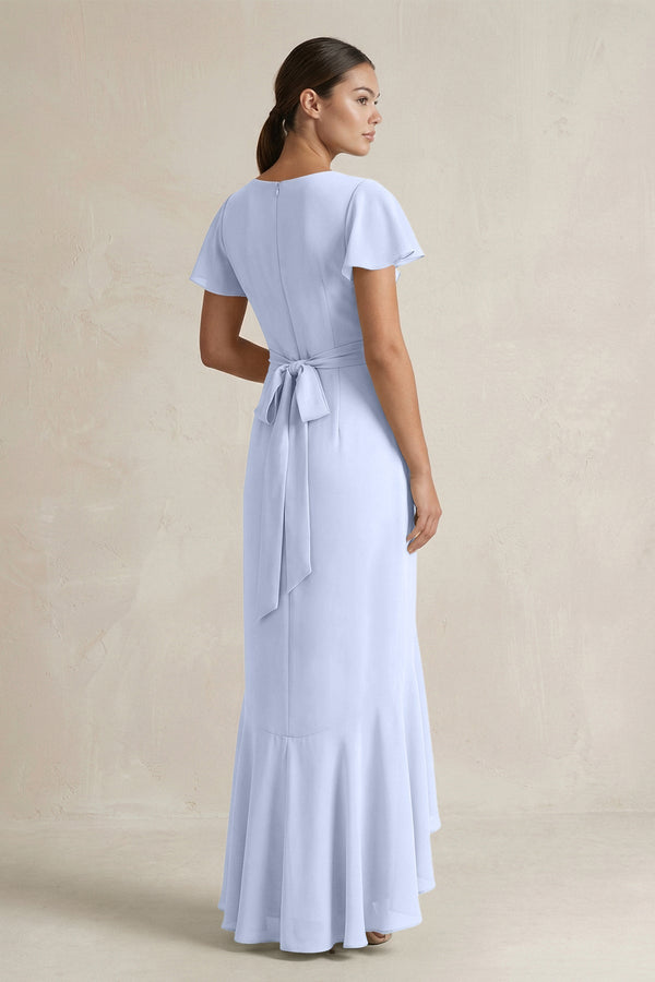 Rufffled V - Neck Sheath Chiffon Bridesmaid Dress in Ice - KissProm Bridesmaid Dresses