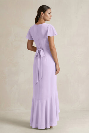 Rufffled V - Neck Sheath Chiffon Bridesmaid Dress in Lavender - KissProm Bridesmaid Dresses