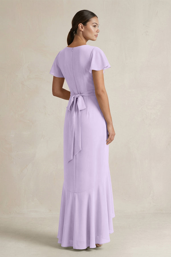 Rufffled V - Neck Sheath Chiffon Bridesmaid Dress in Lavender - KissProm Bridesmaid Dresses