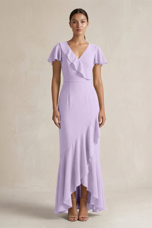 Rufffled V - Neck Sheath Chiffon Bridesmaid Dress in Lavender - KissProm Bridesmaid Dresses