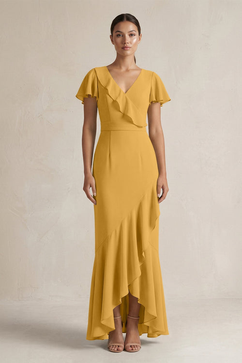 Rufffled V - Neck Sheath Chiffon Bridesmaid Dress in Marigold - KissProm Bridesmaid Dresses
