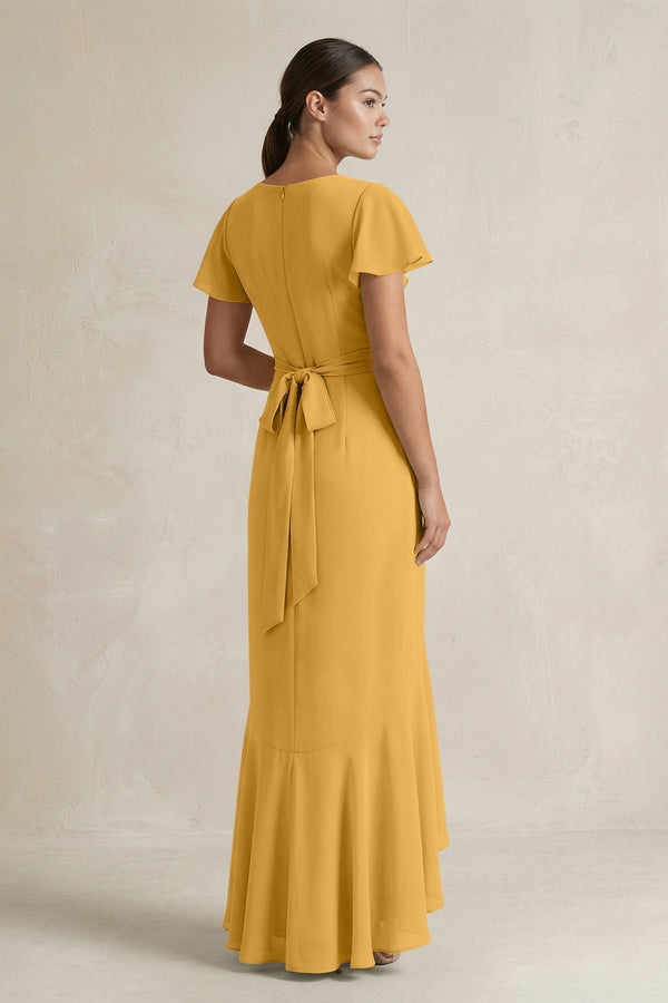 Rufffled V - Neck Sheath Chiffon Bridesmaid Dress in Marigold - KissProm Bridesmaid Dresses