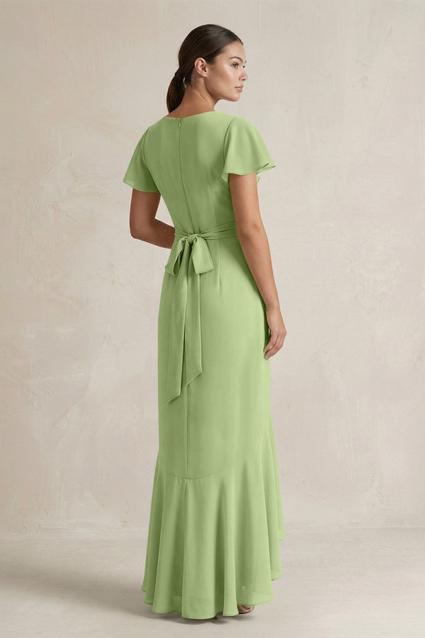 Rufffled V - Neck Sheath Chiffon Bridesmaid Dress in Matcha - KissProm Bridesmaid Dresses