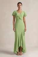 Rufffled V - Neck Sheath Chiffon Bridesmaid Dress in Matcha - KissProm Bridesmaid Dresses
