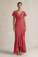 Rufffled V - Neck Sheath Chiffon Bridesmaid Dress in Merlot - KissProm Bridesmaid Dresses