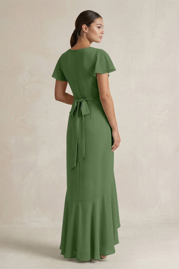 Rufffled V - Neck Sheath Chiffon Bridesmaid Dress in Moss - KissProm Bridesmaid Dresses