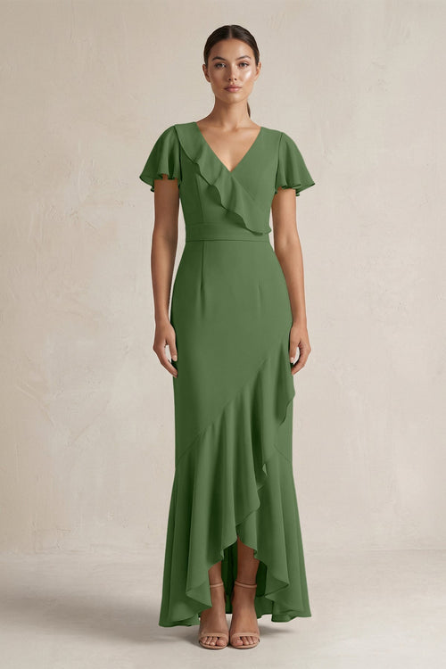 Rufffled V - Neck Sheath Chiffon Bridesmaid Dress in Moss - KissProm Bridesmaid Dresses