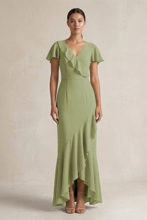 Rufffled V - Neck Sheath Chiffon Bridesmaid Dress in Moss Green - KissProm Bridesmaid Dresses