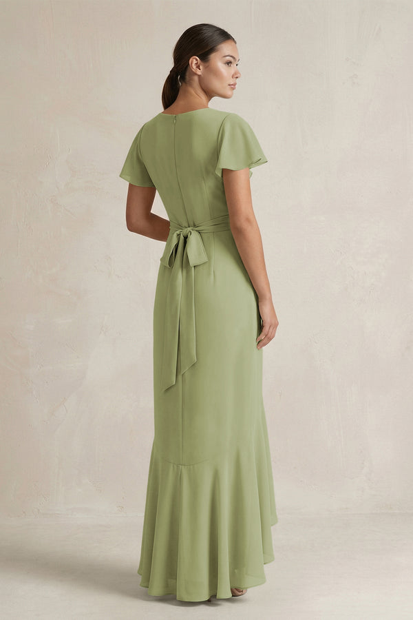 Rufffled V - Neck Sheath Chiffon Bridesmaid Dress in Moss Green - KissProm Bridesmaid Dresses