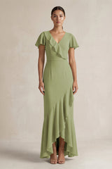 Rufffled V - Neck Sheath Chiffon Bridesmaid Dress in Moss Green - KissProm Bridesmaid Dresses