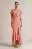 Rufffled V - Neck Sheath Chiffon Bridesmaid Dress in Mulberry - KissProm Bridesmaid Dresses