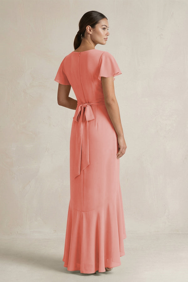 Rufffled V - Neck Sheath Chiffon Bridesmaid Dress in Mulberry - KissProm Bridesmaid Dresses