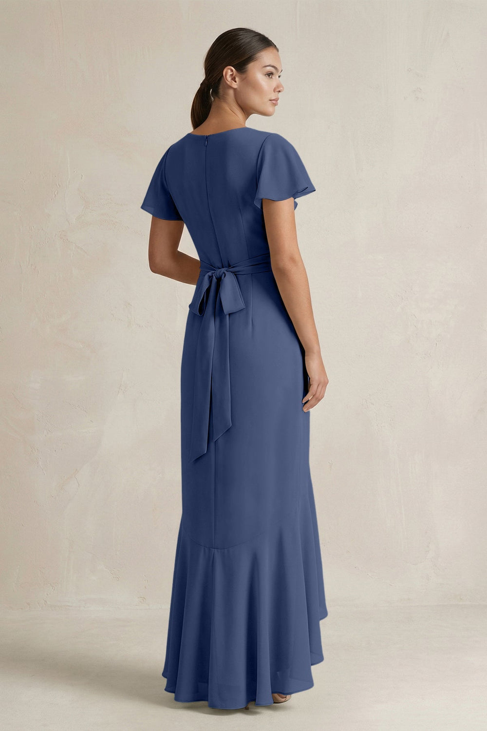 Rufffled V - Neck Sheath Chiffon Bridesmaid Dress in Navy - KissProm Bridesmaid Dresses