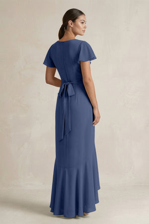 Rufffled V - Neck Sheath Chiffon Bridesmaid Dress in Navy - KissProm Bridesmaid Dresses