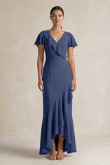 Rufffled V - Neck Sheath Chiffon Bridesmaid Dress in Navy - KissProm Bridesmaid Dresses