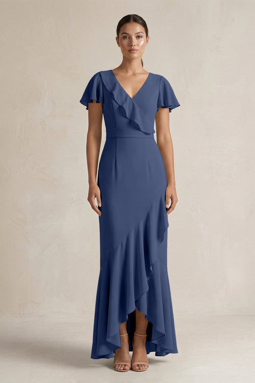 Rufffled V - Neck Sheath Chiffon Bridesmaid Dress in Navy - KissProm Bridesmaid Dresses