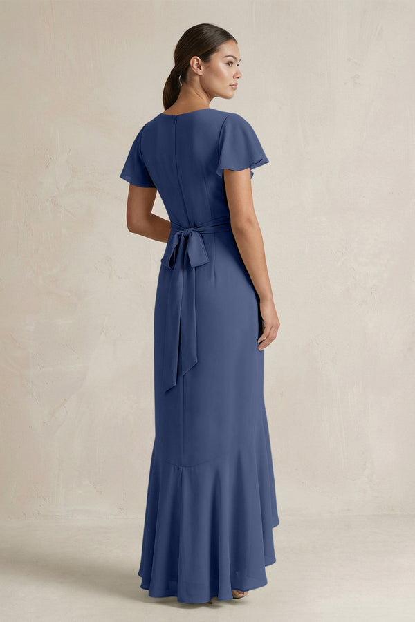 Rufffled V - Neck Sheath Chiffon Bridesmaid Dress in Navy - KissProm Bridesmaid Dresses