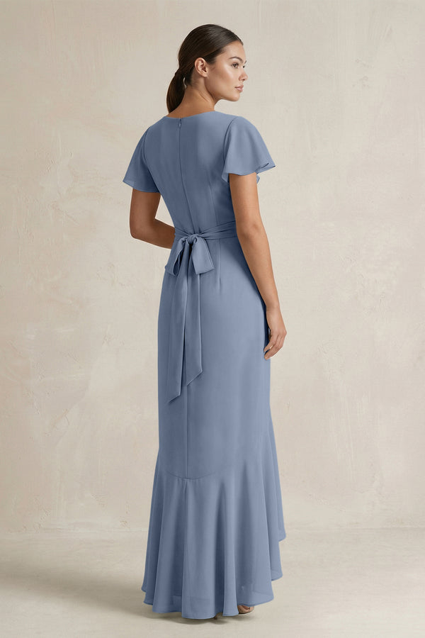Rufffled V - Neck Sheath Chiffon Bridesmaid Dress in Neptune - KissProm Bridesmaid Dresses